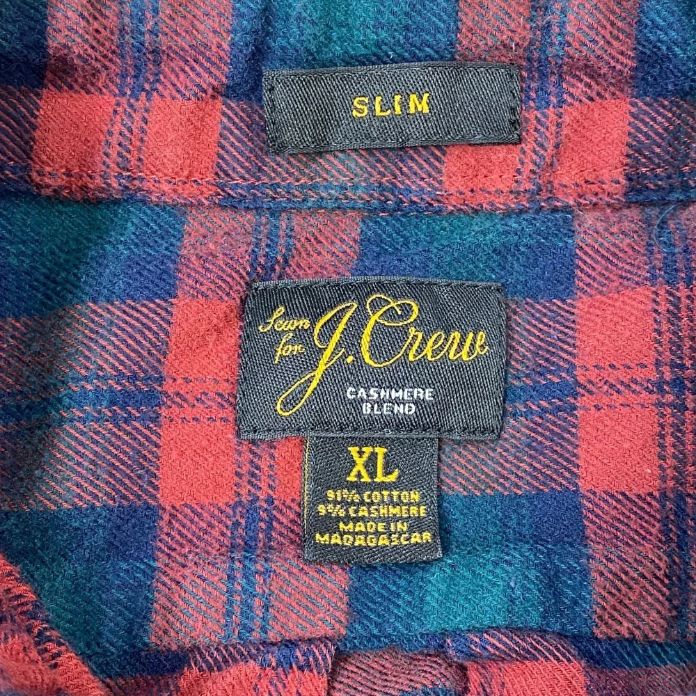 J. Crew Flannel Shirt Men XL Classic Cashmere Blend Slim Red Blue Plaid Heritage